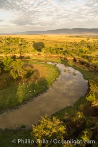 Aerial view of the Mara River, Maasai Mara, Kenya.  Photo taken while hot air ballooning at sunrise, Maasai Mara National Reserve