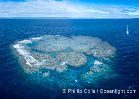 Aerial view of Mount Mutiny, a spectacular deepwater coral bommie in the Bligh Waters of Fiji, Vatu I Ra Passage