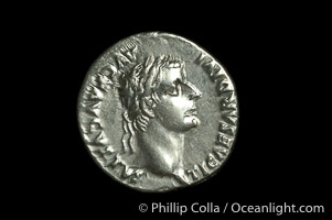 An original tribute penny.  Roman emperor Tiberius (14-37 A.D.), depicted on ancient Roman coin (silver, denom/type: Denarius) (AR, Denarius Obverse: Bust right TI CEASAR DIVI AVG F AVGVSTVS. Reverse: Livia seated right, holding olive branch, ornate legs on chair. PONTIF MAXIM. Tribute penny. Sear 567.)
