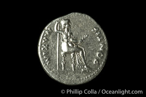 An original tribute penny.  Roman emperor Tiberius (14-37 A.D.), depicted on ancient Roman coin (silver, denom/type: Denarius) (AR, Denarius Obverse: Bust right TI CEASAR DIVI AVG F AVGVSTVS. Reverse: Livia seated right, holding olive branch, ornate legs on chair. PONTIF MAXIM. Tribute penny. Sear 567.)