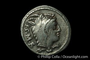 Ancient Roman coin, minted by L. Thorius Balbus (105 B.C.), (silver, denom/type: Denarius) (Denarius Syd-598. Craw-316/1. Obverse: Head of Juno of Lanuvium right, wearing goats skin, I.S.M.R. behind. Reverse: Bull charging right, T above, L THORIUS mint.)