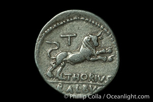Ancient Roman coin, minted by L. Thorius Balbus (105 B.C.), (silver, denom/type: Denarius) (Denarius Syd-598. Craw-316/1. Obverse: Head of Juno of Lanuvium right, wearing goats skin, I.S.M.R. behind. Reverse: Bull charging right, T above, L THORIUS mint.)