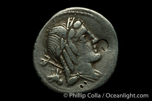 Ancient Roman coin, minted by Julius Brusio (85 B.C.), (silver, denom/type: Denarius) (Denarius Juilius Brusio. Bust of genius right, Laur. and winged, trident and symbol behind. Reverse: Victory in quadriga r. L.IVLI.BVRSIO in ex. BMC. 2485.)