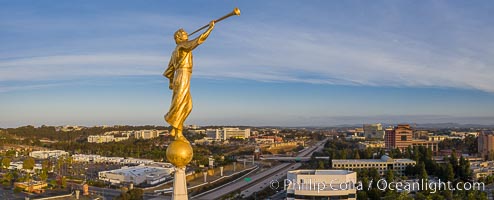 Angel Moroni trumpeting atop the San Diego California Temple, the Mormon Temple in La Jolla, California