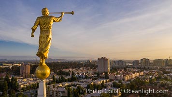 Angel Moroni trumpeting atop the San Diego California Temple, the Mormon Temple in La Jolla, California