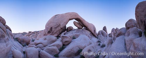 Panoramic image of Arch Rock at dusk, Joshua Tree National Park, California