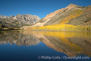 Aspens changing into fall colors, yellow and orange, are reflected in North Lake in October, Bishop Creek Canyon, Eastern Sierra, Populus tremuloides, Bishop Creek Canyon, Sierra Nevada Mountains