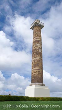 The Astoria Column rises 125 feet above Coxcomb Hill, site of the first permanent American Settlement west of the Rockies, itself 600 feet above Astoria.  It was erected in 1926 and has been listed in the National Register of Historic Places since 1974.  The column displays 14 scenes commemorating important events in the history of Astoria in cronological order. An interior 164-step spiral staircase leads to the top of a viewing platform with spectacular views