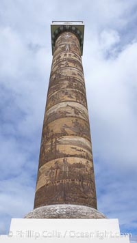 The Astoria Column rises 125 feet above Coxcomb Hill, site of the first permanent American Settlement west of the Rockies, itself 600 feet above Astoria.  It was erected in 1926 and has been listed in the National Register of Historic Places since 1974.  The column displays 14 scenes commemorating important events in the history of Astoria in cronological order. An interior 164-step spiral staircase leads to the top of a viewing platform with spectacular views