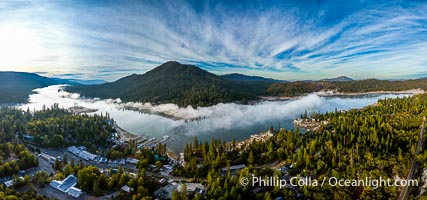 Autumn Dawn over Bass Lake in the Western Sierra Nevada, aerial panoramic photograph