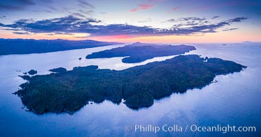 Balaklava Island at sunset, aerial photo, Vancouver Island, Canada