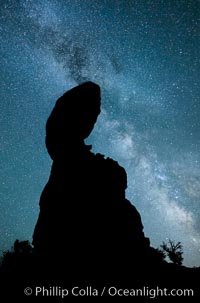 Balanced Rock and Milky Way stars at night, Arches National Park, Utah