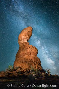 Balanced Rock and Milky Way stars at night, Arches National Park, Utah