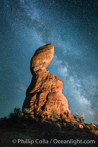 Balanced Rock and Milky Way stars at night, Arches National Park, Utah