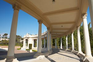 Columns and breezeway of the Spreckels Organ Pavilion in Balboa Park, San Diego.  The Spreckels Organ is the largest musical instrument in the world.  Built in 1915, it is played weekly during a free one-hour recital each Sunday.