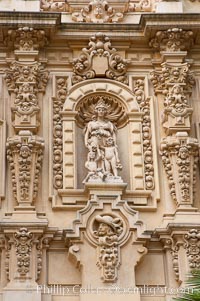 Detail of the ornate south facade of the Casa del Prado, Balboa Park, San Diego, California