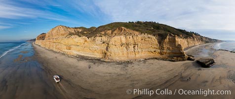 Torrey Pines balloon aerial survey photo.  Torrey Pines seacliffs, rising up to 300 feet above the ocean, stretch from Del Mar to La Jolla. On the mesa atop the bluffs are found Torrey pine trees, one of the rare species of pines in the world. Peregrine falcons nest at the edge of the cliffs. This photo was made as part of an experimental balloon aerial photographic survey flight over Torrey Pines State Reserve, by permission of Torrey Pines State Reserve, San Diego, California