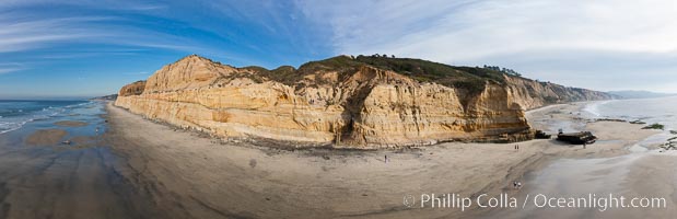 Torrey Pines balloon aerial survey photo.  Torrey Pines seacliffs, rising up to 300 feet above the ocean, stretch from Del Mar to La Jolla. On the mesa atop the bluffs are found Torrey pine trees, one of the rare species of pines in the world. Peregrine falcons nest at the edge of the cliffs. This photo was made as part of an experimental balloon aerial photographic survey flight over Torrey Pines State Reserve, by permission of Torrey Pines State Reserve, San Diego, California