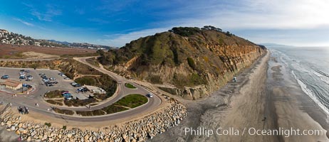 Torrey Pines balloon aerial survey photo.  Torrey Pines seacliffs, rising up to 300 feet above the ocean, stretch from Del Mar to La Jolla. On the mesa atop the bluffs are found Torrey pine trees, one of the rare species of pines in the world. Peregrine falcons nest at the edge of the cliffs. This photo was made as part of an experimental balloon aerial photographic survey flight over Torrey Pines State Reserve, by permission of Torrey Pines State Reserve, San Diego, California