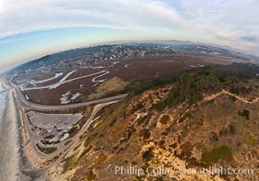 Torrey Pines balloon aerial survey photo.  Torrey Pines seacliffs, rising up to 300 feet above the ocean, stretch from Del Mar to La Jolla. On the mesa atop the bluffs are found Torrey pine trees, one of the rare species of pines in the world. Peregrine falcons nest at the edge of the cliffs. This photo was made as part of an experimental balloon aerial photographic survey flight over Torrey Pines State Reserve, by permission of Torrey Pines State Reserve, San Diego, California