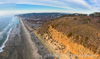 Torrey Pines balloon aerial survey photo.  Torrey Pines seacliffs, rising up to 300 feet above the ocean, stretch from Del Mar to La Jolla. On the mesa atop the bluffs are found Torrey pine trees, one of the rare species of pines in the world. Peregrine falcons nest at the edge of the cliffs. This photo was made as part of an experimental balloon aerial photographic survey flight over Torrey Pines State Reserve, by permission of Torrey Pines State Reserve, San Diego, California