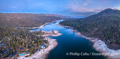 Bass Lake in December with Very Low Water Levels, sunset, aerial photo, Goat Mountain to the right