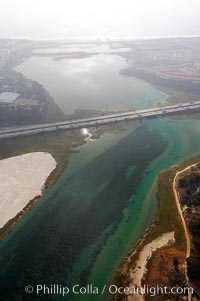 Batiquitos Lagoon aerial view, showing coastline and Interstate 5 freeway, Carlsbad, California