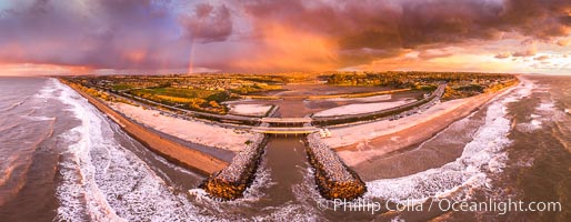 Batiquitos Lagoon and Ponto, stormy sunset, aerial panoramic photograph, Carlsbad, California