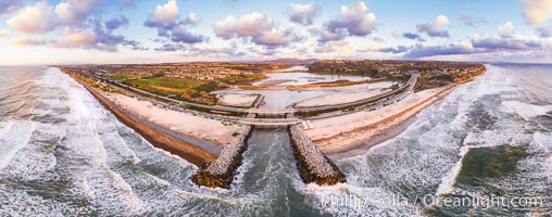 Batiquitos Lagoon and Ponto, stormy sunset, aerial photo, Carlsbad, California