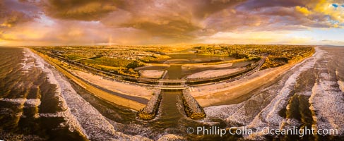 Batiquitos Lagoon and Ponto, stormy sunset, aerial panoramic photograph, Carlsbad, California