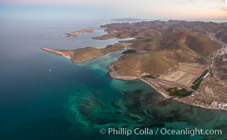 Bay of La Paz coast near Playa el Tesoro, Aerial Photo at Sunrise