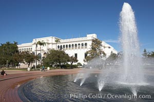 The Bea Evenson Fountain is the centerpiece of the Plaza de Balboa in Balboa Park, San Diego.  The San Diego Natural History Museum is seen in the background