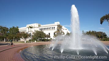 The Bea Evenson Fountain is the centerpiece of the Plaza de Balboa in Balboa Park, San Diego.  The San Diego Natural History Museum is seen in the background