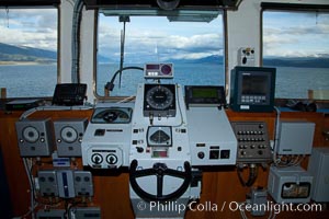 Steering controls on the M/V Polar Star as it passes south through the Beagle Channel, Ushuaia, Tierra del Fuego, Argentina