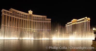 The Bellagio Hotel (left) and Caesar's Palace (right), seen behind the Bellagio fountains, at night.  The Bellagio Hotel fountains are one of the most popular attractions in Las Vegas, showing every half hour or so throughout the day, choreographed to famous Hollywood music