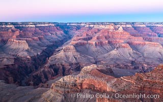 Belt of Venus over Grand Canyon at dusk, sunset, viewed from Mather Point on the south rim of Grand Canyon National Park. The Belt of Venus, or anti-twilight arch, is the shadow of the earth cast upon the atmosphere just above the horizon, and occurs a few minutes before sunrise or after sunset