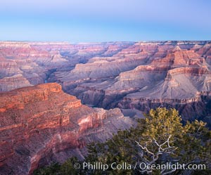 Belt of Venus over Grand Canyon at sunrise, viewed from Hopi Point on the south rim of Grand Canyon National Park. The Belt of Venus, or anti-twilight arch, is the shadow of the earth cast upon the atmosphere just above the horizon, and occurs a few minutes before sunrise or after sunset