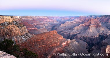 Belt of Venus over Grand Canyon at sunrise, viewed from Hopi Point on the south rim of Grand Canyon National Park. The Belt of Venus, or anti-twilight arch, is the shadow of the earth cast upon the atmosphere just above the horizon, and occurs a few minutes before sunrise or after sunset.