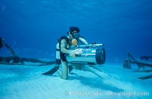 Underwater Beta videocamera housing and cameraman, Tokyo Broadcasting System.  Bahamas.
