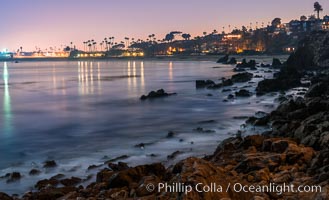 Big Corona Beach, aka Corona del Mar State Beach, at night lit by full moon, Newport Beach. California, USA, natural history stock photograph, photo id 28865