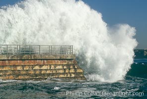 Winter storm wave pounds the protective seawall at the Children's Pool (Casa Cove) in La Jolla, Childrens Pool