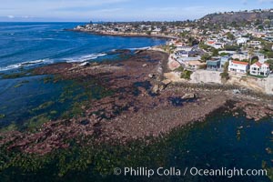 Birdrock Coastline at extreme low King Tide, La Jolla, California, aerial photo