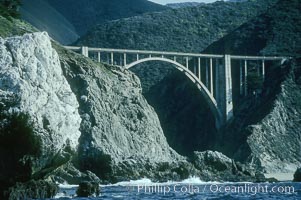 Bixby Bridge on Highway 1, Lobos Rocks in foreground, Big Sur, California