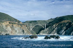 Bixby Bridge on Highway 1, Lobos Rocks in foreground,  Big Sur