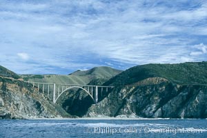 Bixby Bridge on Highway 1, Lobos Rocks in foreground, Santa Lucia mountains in the background, Big Sur, California
