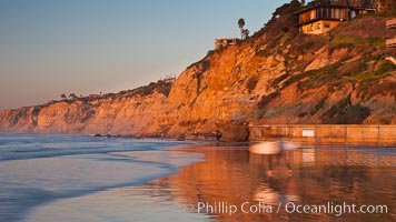 Seacliffs, viewed from SIO towards Black's Beach and on to Torrey Pines State Reserve, surfer heading out, Scripps Institution of Oceanography, La Jolla, California
