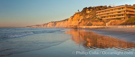 La Jolla Coastline, Hubbs Hall at SIO, Black's Beach, Torrey Pines State Reserve, panorama, sunset.