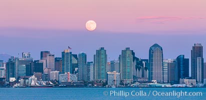 Blue Moon, tiny Jetliner approaching San Diego framed against the Full Moon, over San Diego City Skyline, Sunset