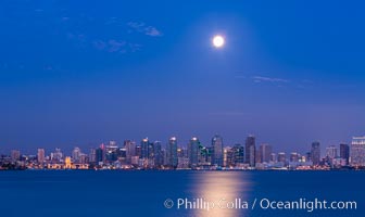 Blue Moon at Sunset over San Diego City Skyline.  The third full moon in a season, this rare 