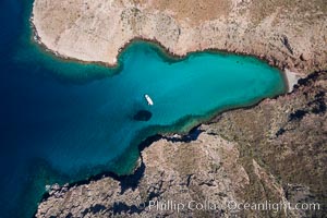 Boat Ambar and School of Fish, Ensenada el Embudo, Isla Partida, aerial photo